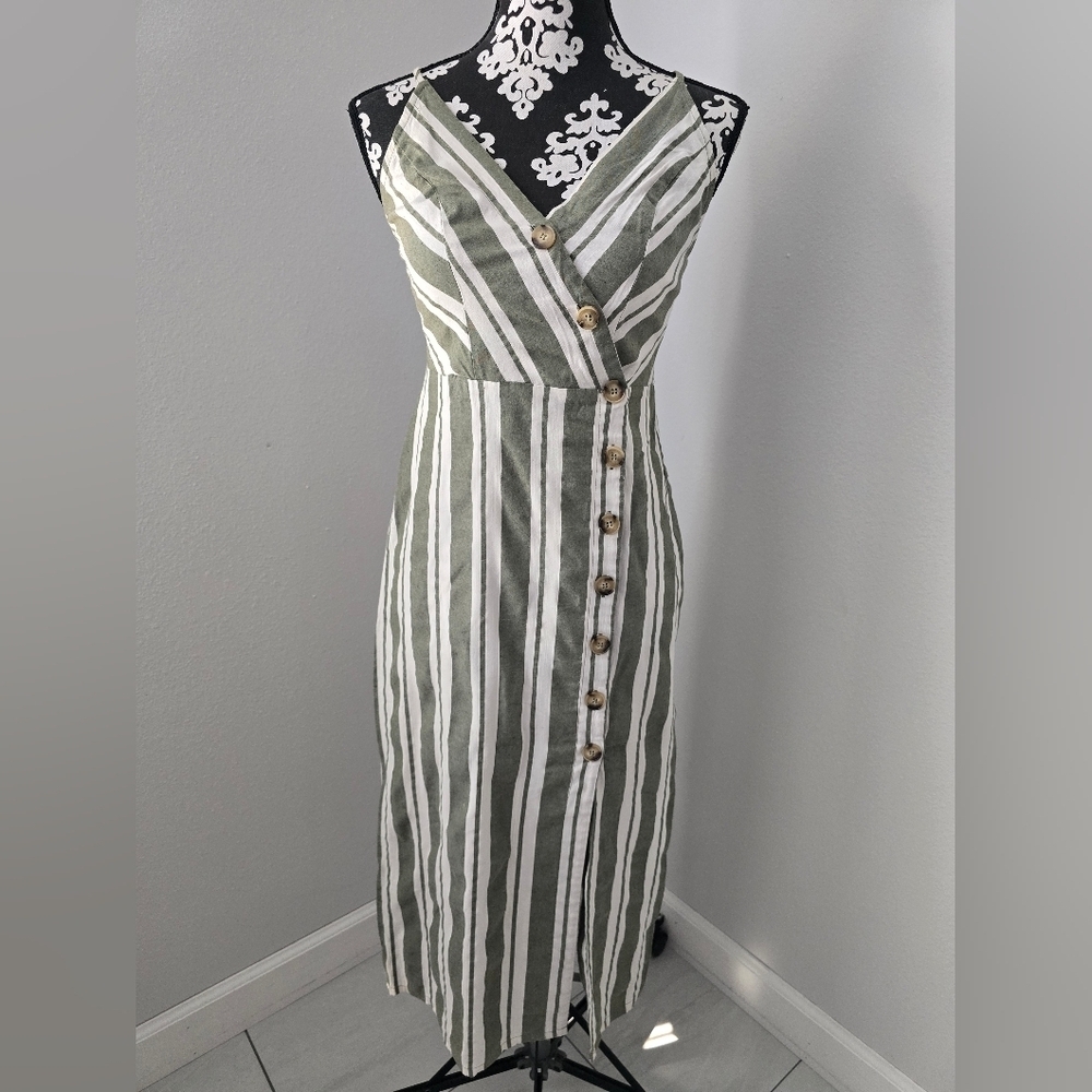 Entro Green and White Striped Midi Dress Sz S
